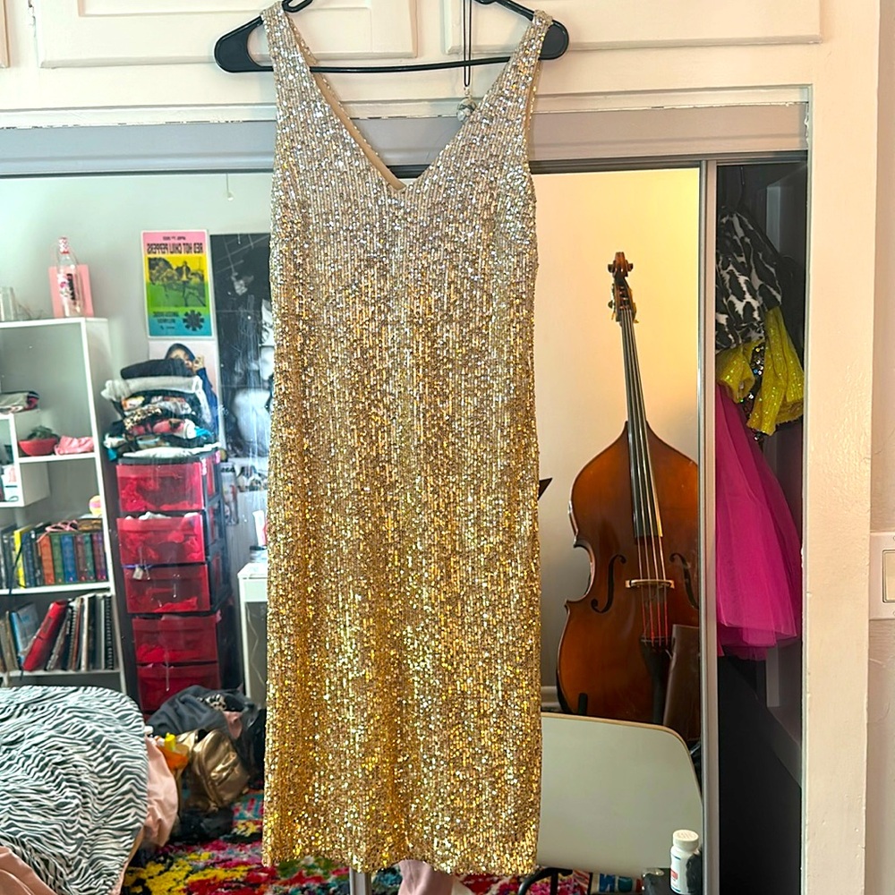 Chelsea & Violet brand Gold Ombré Sequin Midi Dress